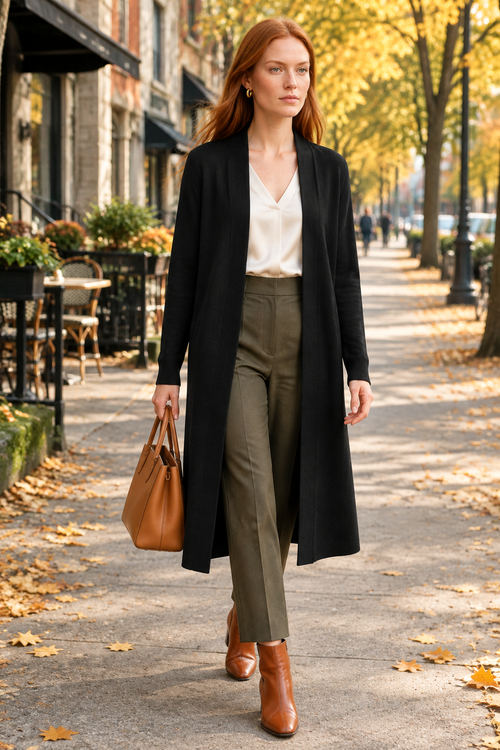 Veste noire avec pantalon olive à Outremont