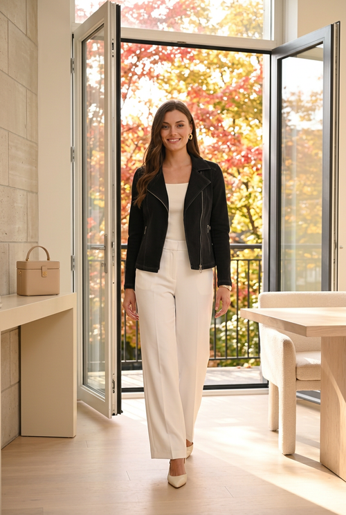 Veste noire, ensemble clair et pantalon ample pour recevoir