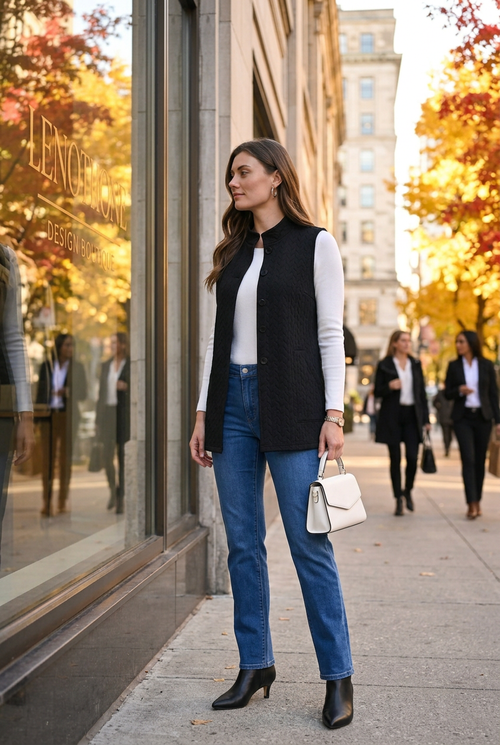 Veste noire, jean bleu et accessoires blancs pour magasiner