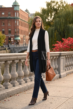 Veste noire, jean indigo et accessoires cognac