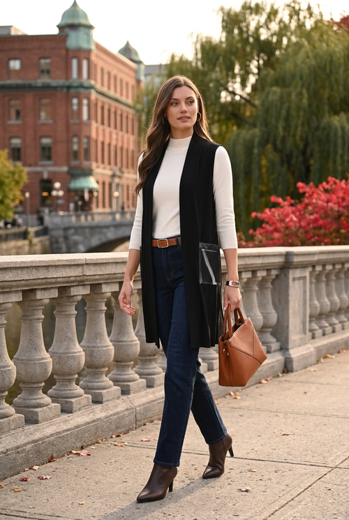 Veste noire, jean indigo et accessoires cognac