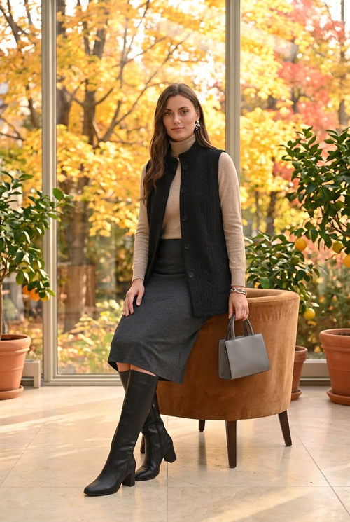 Veste noire, jupe charcoal et bottes pour déjeuner