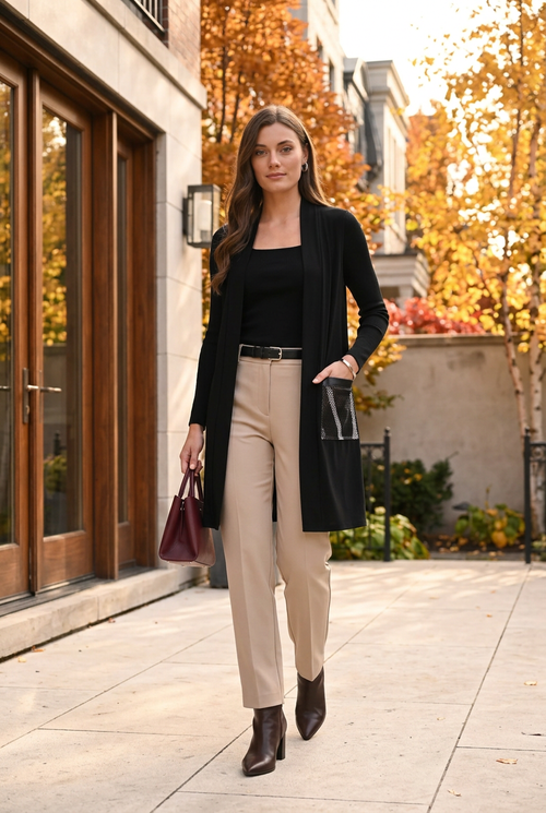 Veste noire, pantalon beige et haut noir