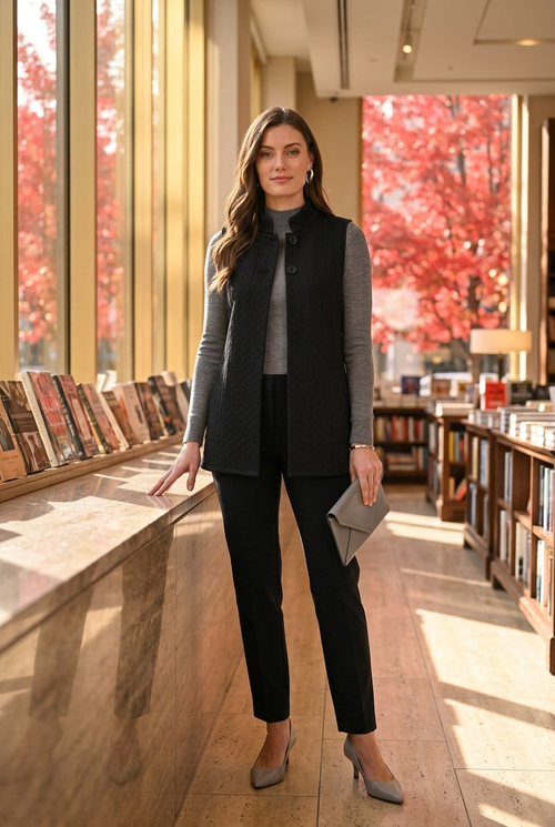 Veste noire, pantalon cigarette noir et haut gris pour une rencontre littéraire