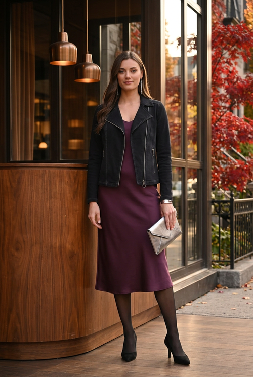 Veste noire sur robe prune satinée pour un dîner