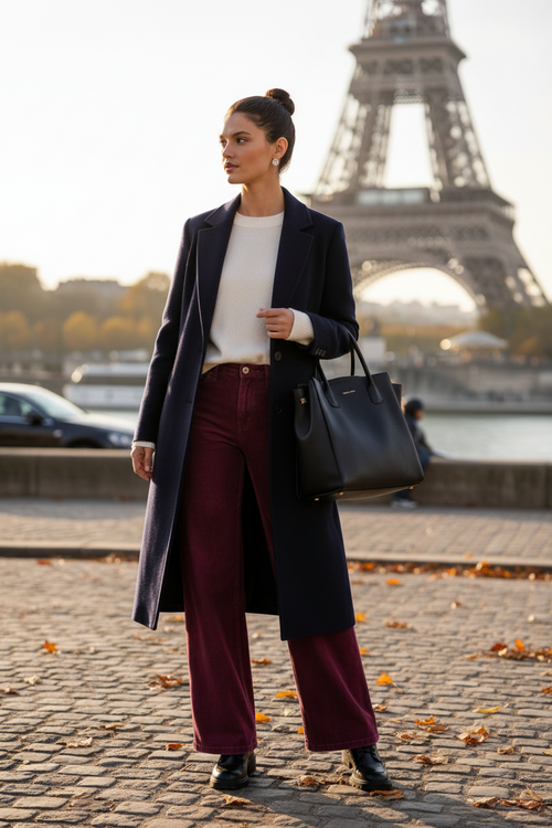 Vin – Look 5 : Veste longue marine enfilée